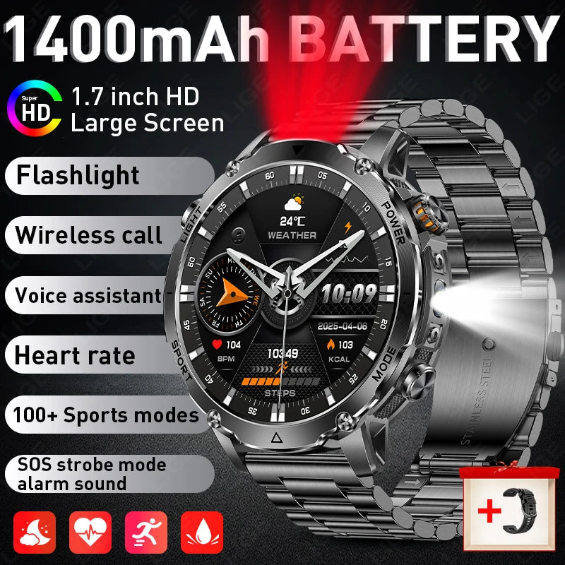 2026 New Built-In 1400Mah Super Large Battery Men Smart Watch Outdoor 1.7" HD Screen IP68 Waterproof BT Call Smartwatch