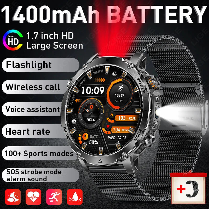 2026 New Built-In 1400Mah Super Large Battery Men Smart Watch Outdoor 1.7" HD Screen IP68 Waterproof BT Call Smartwatch