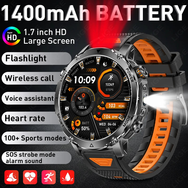 2026 New Built-In 1400Mah Super Large Battery Men Smart Watch Outdoor 1.7" HD Screen IP68 Waterproof BT Call Smartwatch
