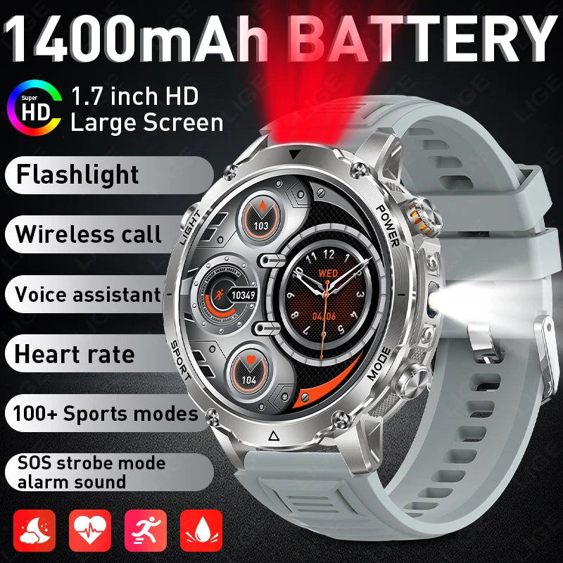 2026 New Built-In 1400Mah Super Large Battery Men Smart Watch Outdoor 1.7" HD Screen IP68 Waterproof BT Call Smartwatch