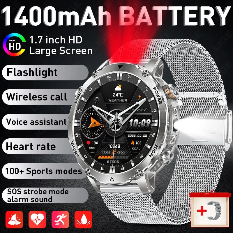 2026 New Built-In 1400Mah Super Large Battery Men Smart Watch Outdoor 1.7" HD Screen IP68 Waterproof BT Call Smartwatch