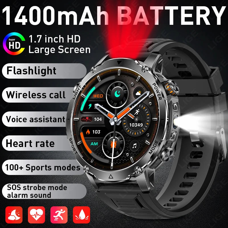 2026 New Built-In 1400Mah Super Large Battery Men Smart Watch Outdoor 1.7" HD Screen IP68 Waterproof BT Call Smartwatch